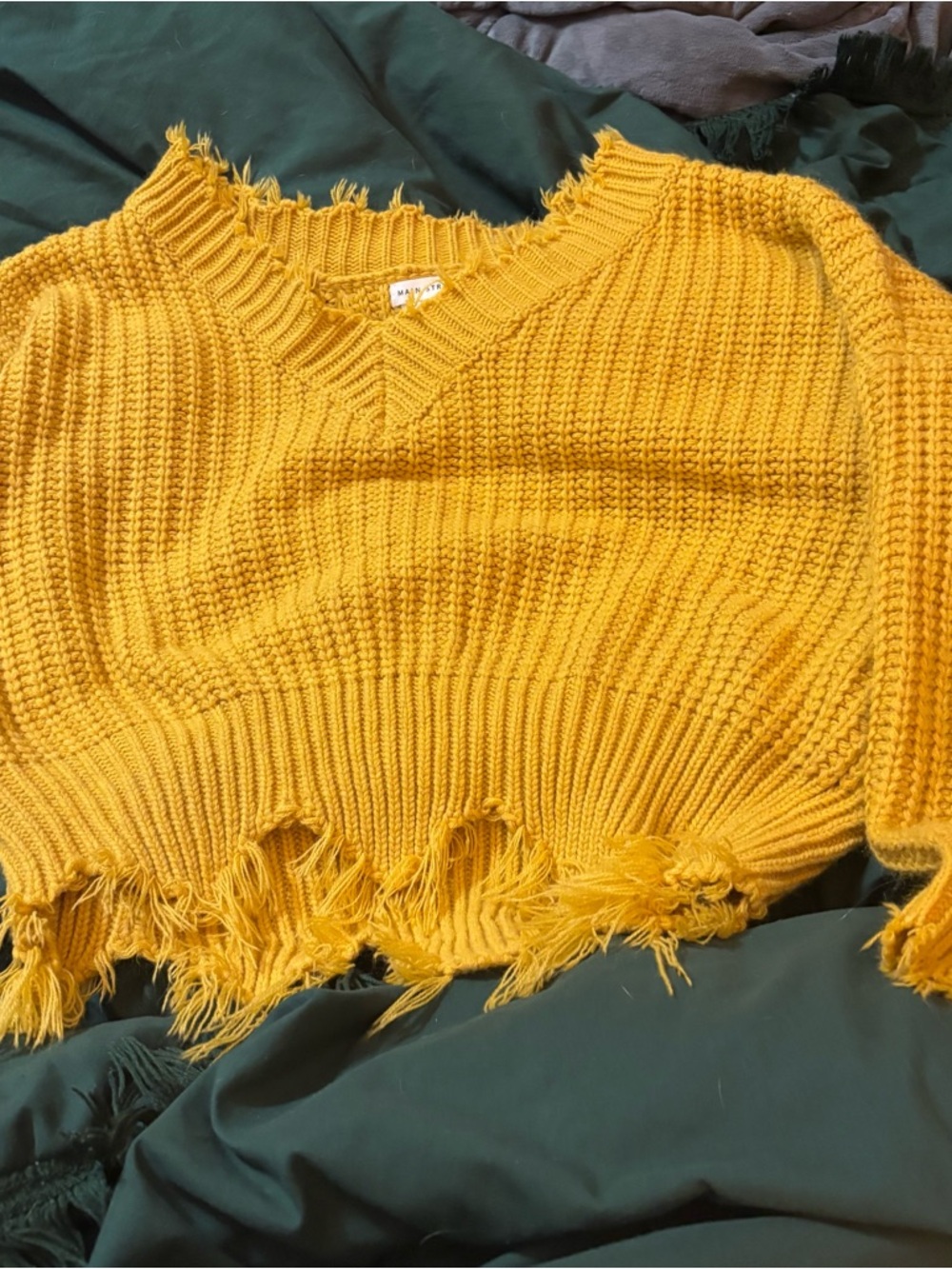 Main Strip Mustard Yellow Distressed V-Neck Sweater